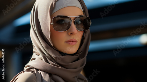 Beautiful Muslim woman with hands showing and presenting something in the direction of empty space for presenting something and presenting product.