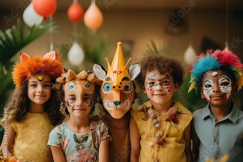 Happy children in animals costumes having fun at a jungle-themed birthday party.