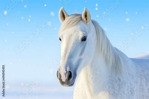 white horse in snow on blue sky background  © nnattalli