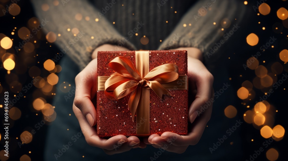 Close up shot of female hands holding a small gift wrapped with red ribbon. Close up shot of female hands holding a small gift wrapped with red ribbon.