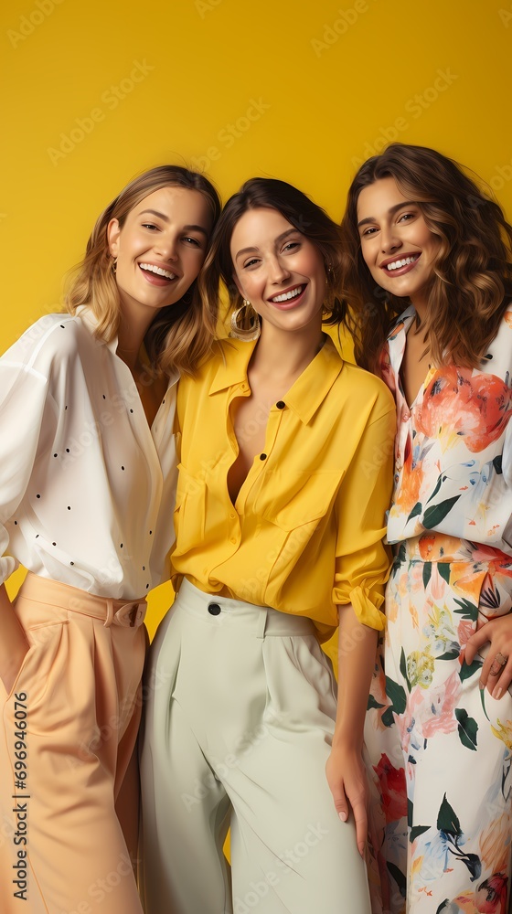 A group of smiling young models wearing vibrant summer outfits, standing confidently against a solid light yellow background. A group of smiling young models wearing vibrant summer outfits, standing confidently against a solid light yellow background.