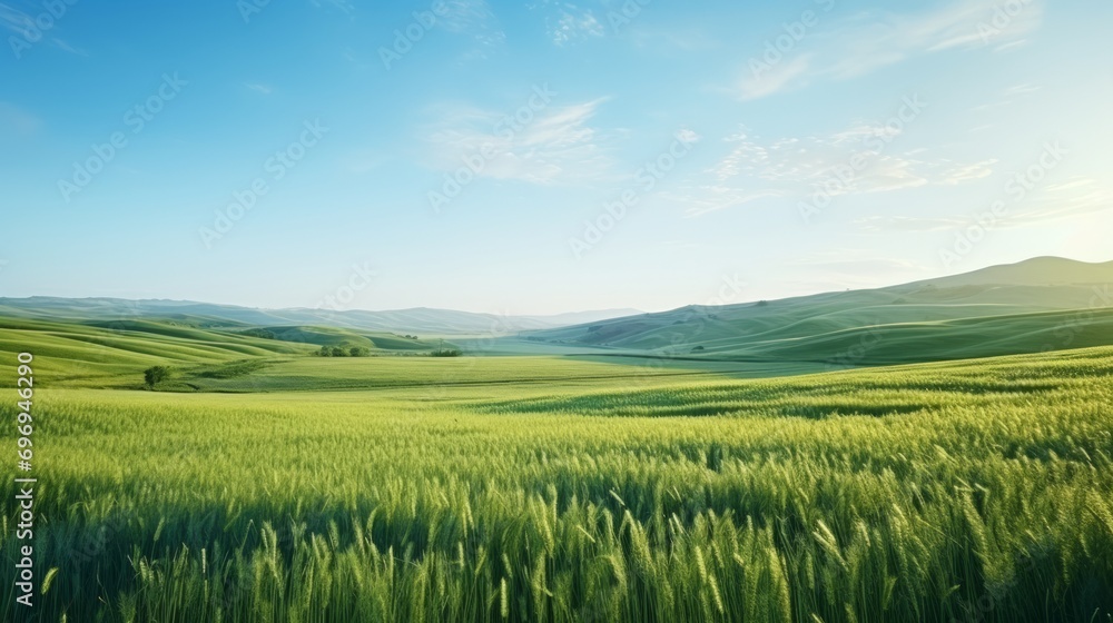 Landscape view of green grass on slope with blue sky and clouds background.