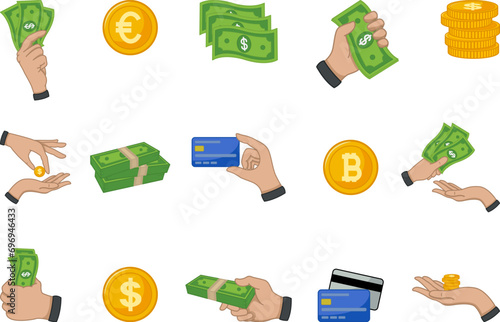 Vector Money Set. Business and Finance. Vector Illustration of Cash, Coins, and Credit Cards