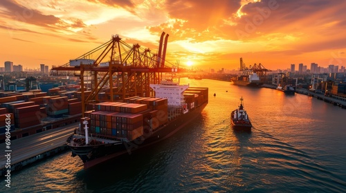 System transport and logistics concept.Aerial top down ultra wide photo of industrial cargo container ship loading in logistics terminal port.Stack of Containers Cargo Ship Import/Export 