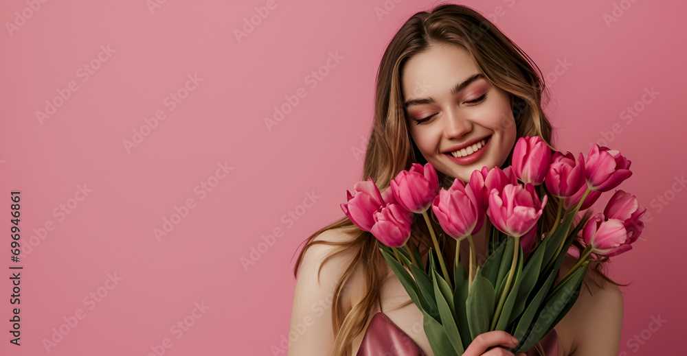 Happy woman holds a bouquet of pink tulips on colored dirty pink background. Women's Day congratulations, copy space. Joyful woman embracing pink tulips. Radiant smile surrounded by floral elegance.
