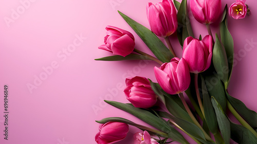 Women's Day minimalistic floral banner with purple tulips on light purple background. Pink tulips bouquet, a springtime joy. Elegant tulips in full bloom, pure charm photo