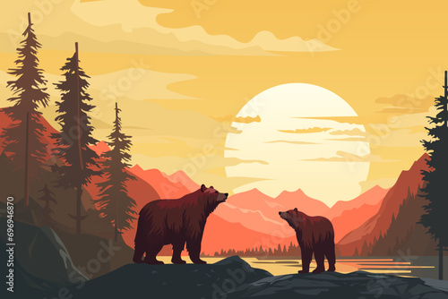 Bears in a beautiful forest against the backdrop of high mountains and an amazing sunset. Stunning wildlife landscape with bears. Vector illustration for design, poster, banner, card, cover.