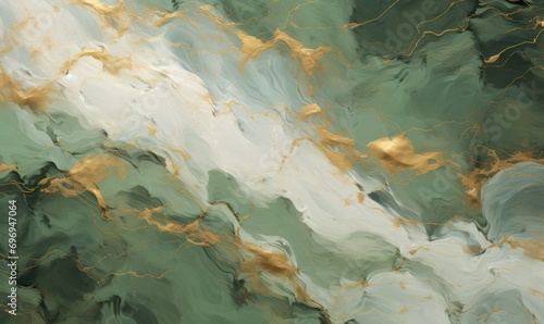 Abstract green white marble texture with gold splashes  green luxury background