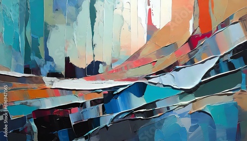 A mixed-media abstract artwork that combines acrylic paint with collage elements