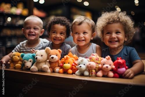 Children are captured in a moment of pure joy as they hug soft or stuffed toys. The image radiates innocence and delight, making it an ideal choice for a toy shop commercial.