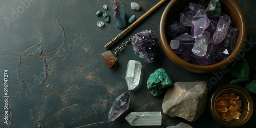 different variety of gemstones on aged surface. 