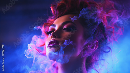 Portrait of a stylish young girl model with blond hair in glasses in smoke in neon lighting, disco party birthday celebration concept, Women day