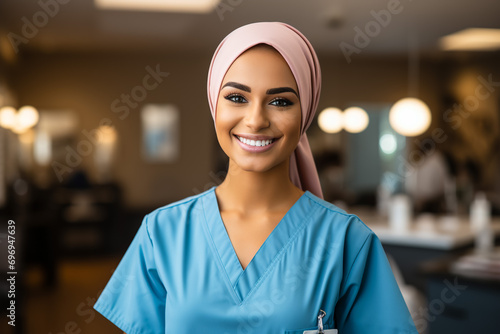 Portrait of islamic woman smiling. Pretty muslim girl. Beautiful asian muslimah woman model posing on grey wall studio. Portrait Of Arab Beauty.