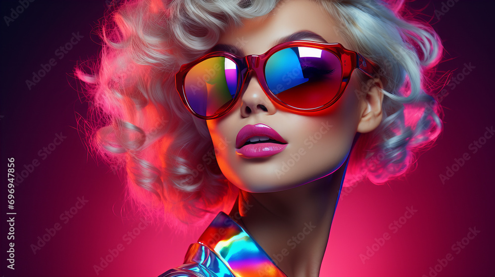 Portrait of a woman with makeup, Beautiful young model trendy glowing makeup, disco party celebration concept, International Women day, Valentine day, copy space