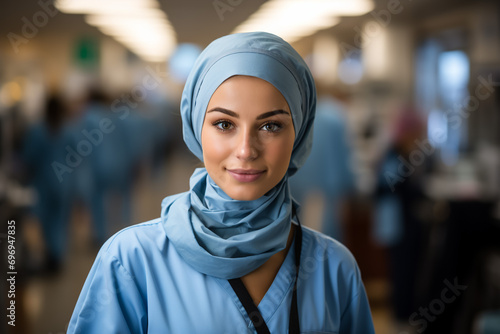 Portrait of islamic woman smiling. Pretty muslim girl. Beautiful asian muslimah woman model posing on grey wall studio. Portrait Of Arab Beauty. © Mujahid