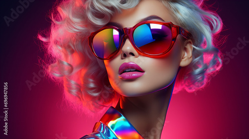 Portrait of a woman with makeup, Beautiful young model trendy glowing makeup, disco party celebration concept, International Women day, Valentine day, copy space