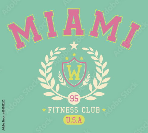 Fitness club graphic, Sport wear typography emblem Miami vintage tee print, athletic apparel design shirt graphic print.