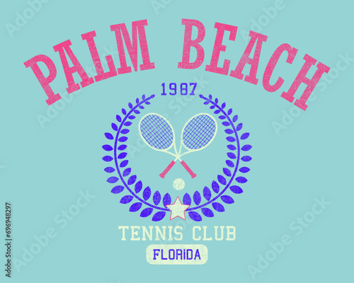 logo slogan graphic, retro tennis with racket, ball and laurel. city a, palm beach Country club summer tennis crest sport photo