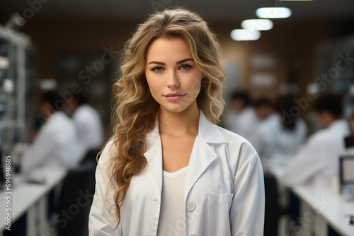 Attractive female doctor in front of medical group 