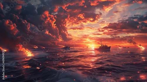 Oceanic Inferno, Ships at Sea with Dramatic Sunset, Fiery Clouds Reflected on Turbulent Waters, Maritime Majesty.