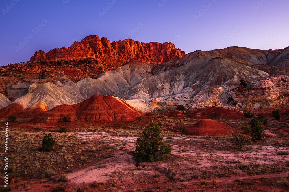 Red rock cliffs of national park Capitol Reef in Utah early in the morning dawn.