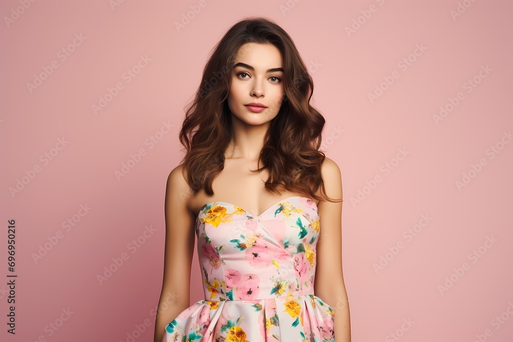 A beautiful and radiant young female model in a floral sundress, against a solid light pink background. A beautiful and radiant young female model in a floral sundress, against a solid light pink background.