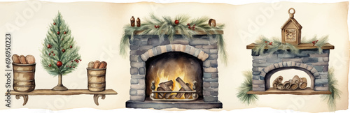 Christmas set fireplace, Christmas tree, wreath, bucket with bread. vector illustration