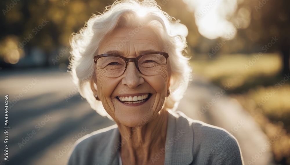 The portrait of a happy retired elderly woman smiling and laughing shot outdoors on a sunny day The portrait of a happy retired elderly woman smiling and laughing shot outdoors on a sunny day