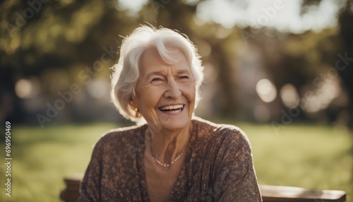 The portrait of a happy retired elderly woman smiling and laughing shot outdoors on a sunny day