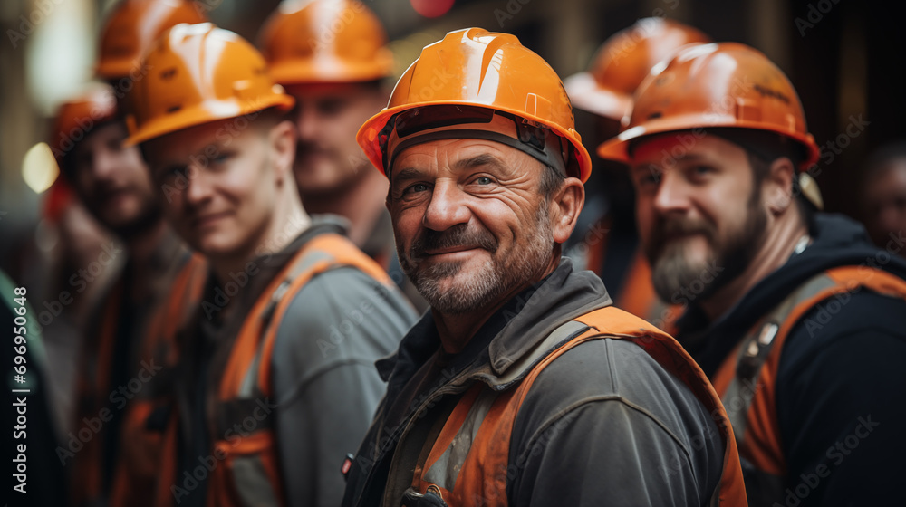 A team of workers in orange helmets and work uniforms at a construction site. A team of workers in orange helmets and work uniforms at a construction site.