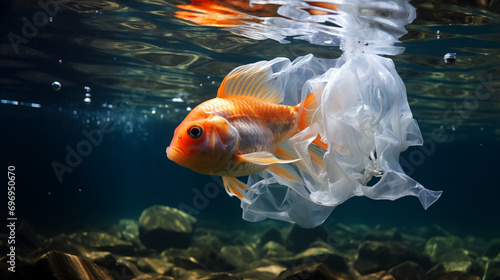fish swimming next to a plastic bag, environmental concept, plastic pollution in the oceans photo