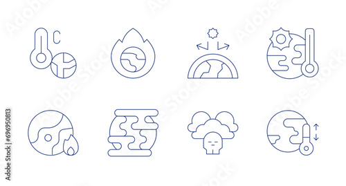 Climate change icons. Editable stroke. Containing global warming, greenhouse effect, air pollution, extreme weather, climate change.