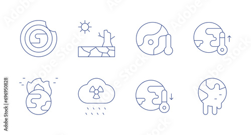Climate change icons. Editable stroke. Containing ozone layer, drought, global warming, acid rain, temperature.