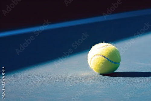 one new tennis ball white agonal line blue hard court light right, shadow copy space left, vintage tone © akkash jpg