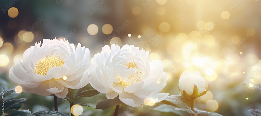 White peony flower on isolated magical bokeh background with copy space for text placement
