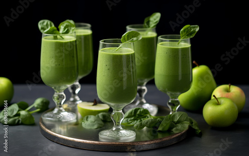 Lovers of apple and spinach smoothies with drinks six identical glasses