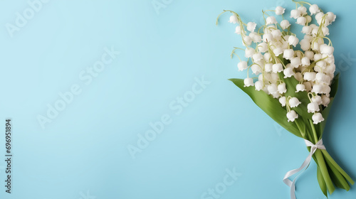 pale blue background with a bouquet of lilies of the valley, free space for text