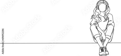 continuous single line drawing of woman listening to music with stereo headphones, line art vector illustration