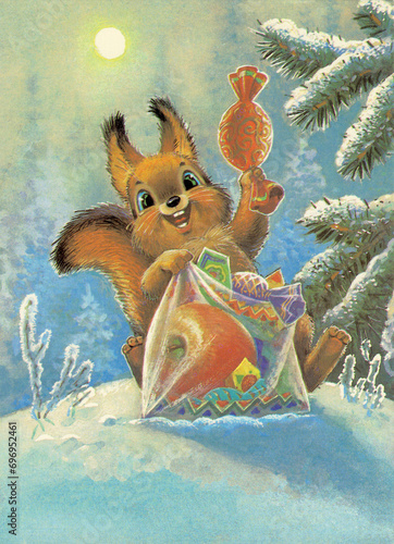 Merry Christmas and Happy New Year. Cartoon squirrel congratulates. Postcard