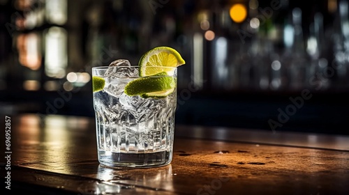 Obraz na płótnie A glass of gin and tonic on a bar table, a popular alcoholic drink w salonie