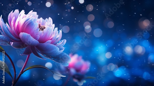 Pink peony blossom on isolated magical bokeh background with copy space for text placement
