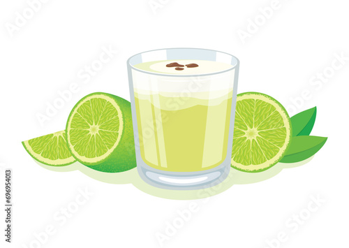 Pisco Sour alcoholic cocktail vector illustration. Pisco sour alcoholic cocktail of Peruvian origin. Drink with lime icon set vector isolated on a white background. National drink of Peru drawing