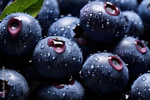 Fresh blueberries with glistening droplets of water viewed from above