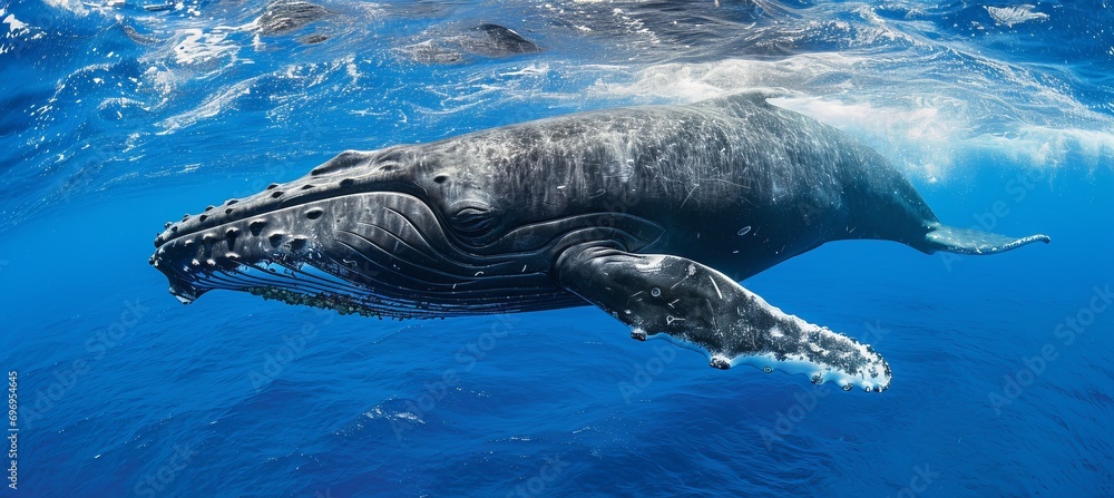 Naklejka premium Spectacular humpback whale gracefully gliding through the mesmerizing depths of the majestic ocean
