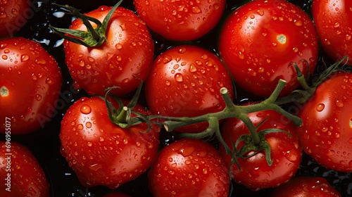 Fresh tomatoes with glistening droplets of water viewed from above
