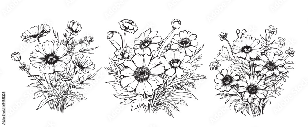 Doodle bouquets set hand drawn flowers. Floral sketch , drawing still life. Romantic bunches gift to holiday. Botanical illustration. Isolated. Vector illustration - obrazy, fototapety, plakaty 