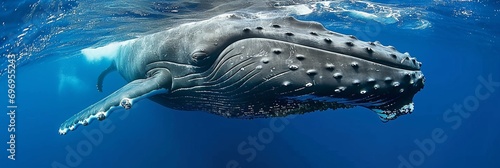 Awe inspiring humpback whale gracefully gliding through the magnificent depths of the ocean photo