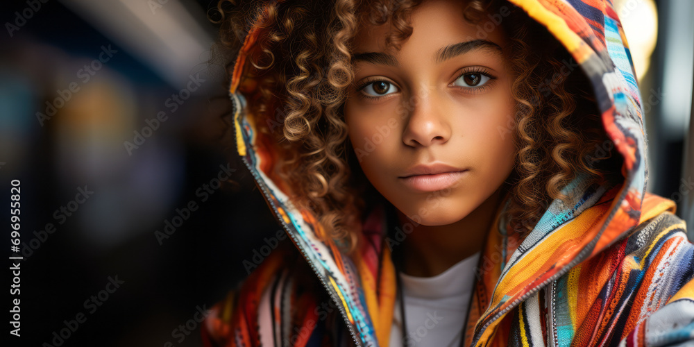 Pensive Young Girl with Curly Hair Wearing a Colorful Hooded Jacket, Intense Gaze Pensive Young Girl with Curly Hair Wearing a Colorful Hooded Jacket, Intense Gaze