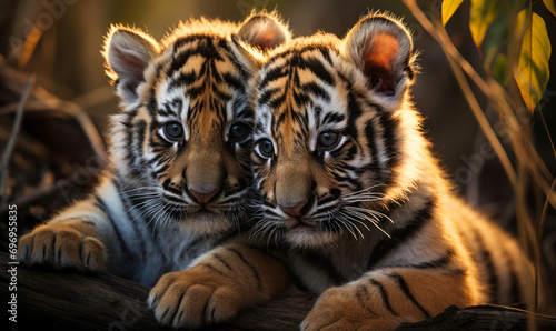 Tender Embrace of Sibling Tiger Cubs Basking in a Warm Light Amidst the Shadows of the Jungle © Bartek