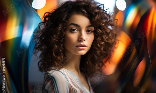Radiant Young Woman with Curly Hair and Colorful Light Reflections, Artistic Beauty Portrait with Vivid Swirls